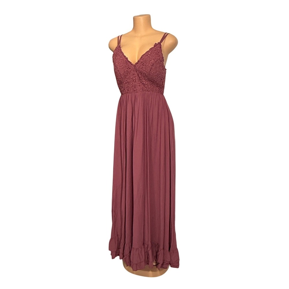 Azazie Womens Lace Crochet Bodice Ruffle Hem Maxi‎ Dress Dusty Rose Mauve C